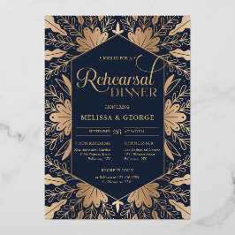 シックなエレガント海軍と実在金ゴールドホイルのリハーサル 箔招待状