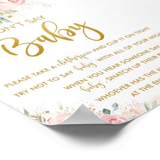 シックなエレガント赤面ピンクのフローラ言わないベビーゲーム ポスター (角)