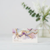 シックなエレガント金ゴールドと紫の抽象芸術水色QR 名刺 (スタンド正面)