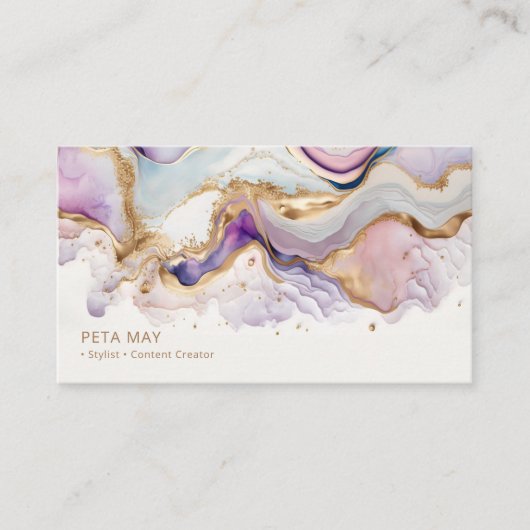 シックなエレガント金ゴールドと紫の抽象芸術水色QR 名刺 (正面)