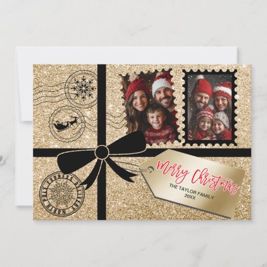 シックなエレガント金ゴールドギフトボウフォトメリークリスマス シーズンカード (正面)