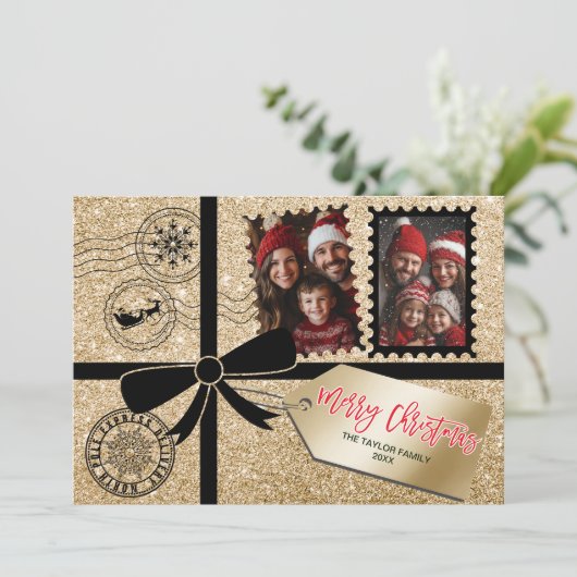 シックなエレガント金ゴールドギフトボウフォトメリークリスマス シーズンカード (スタンド正面)