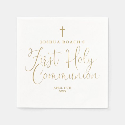 シックなエレガント金ゴールドスクリプト最初の聖餐式 スタンダードカクテルナプキン (正面)