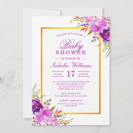 シックなエレガント金ゴールドパープルフローラベビーシャワー 招待状 (正面)