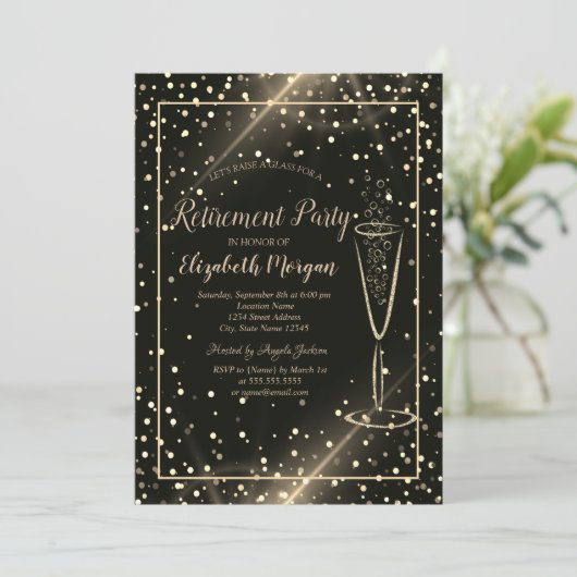 シックなエレガント金ゴールド紙吹雪ワイングラス引退 招待状 (スタンド正面)