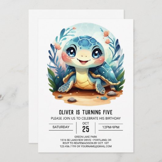 シックなエンチャントブルータートルボーイ誕生日 招待状 (正面/裏面)