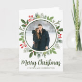 シックなオリーブグリーンクリスマスリース写真を折り畳み シーズンカード (正面)