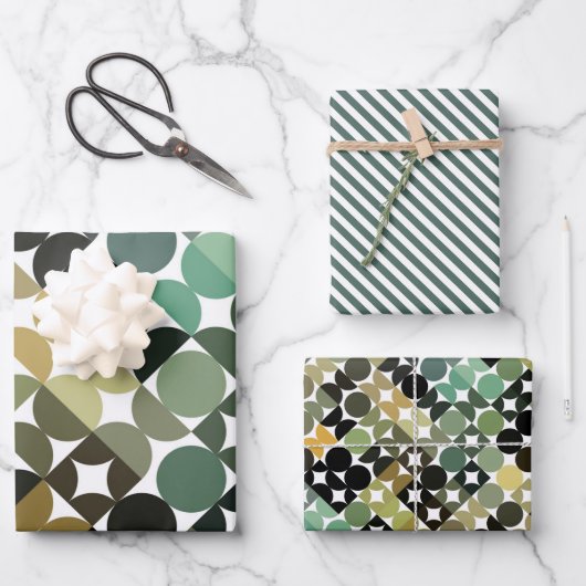 シックなオリーブグリーンタウペベージュサークルのアートパターン ラッピングペーパーシート (正面)