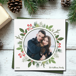 シックなオリーブグリーンホリークリスマスリース写真 シーズンカード