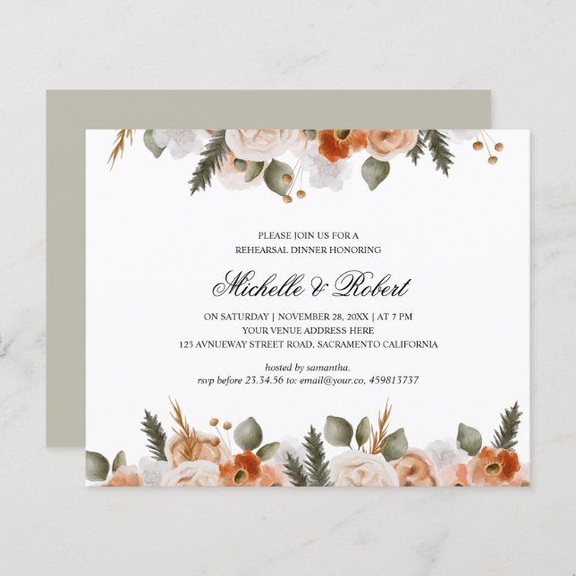 シックなオレンジアイボリーセージ結婚ズリハーサルディナー (正面/裏面)