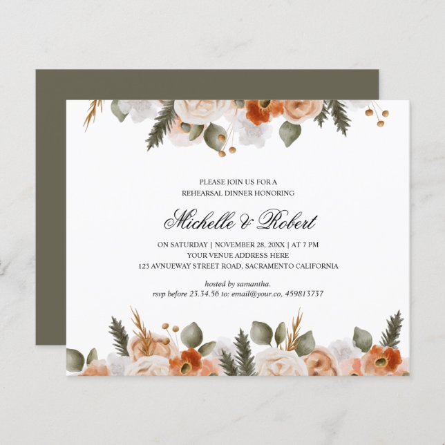 シックなオレンジアイボリーモス結婚ズリハーサルディナー (正面/裏面)