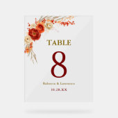シックなオレンジテラコッタ結婚フローラのテーブル番号 アクリルサイン (正面)