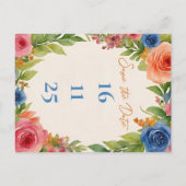 シックなオレンジブルーフラワーズ開花結婚フローラ 案内ポストカード (裏面)