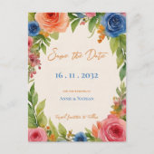 シックなオレンジブルーフラワーズ開花結婚フローラ 案内ポストカード (正面)