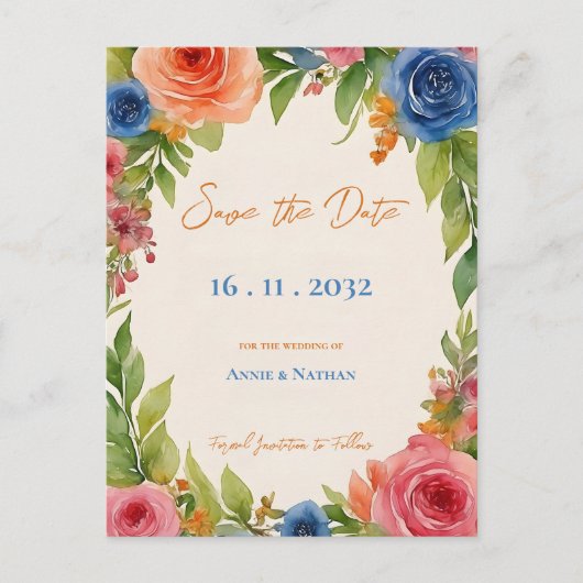 シックなオレンジブルーフラワーズ開花結婚フローラ 案内ポストカード (正面)