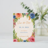 シックなオレンジブルーフラワーズ開花結婚フローラ 案内ポストカード (スタンド正面)