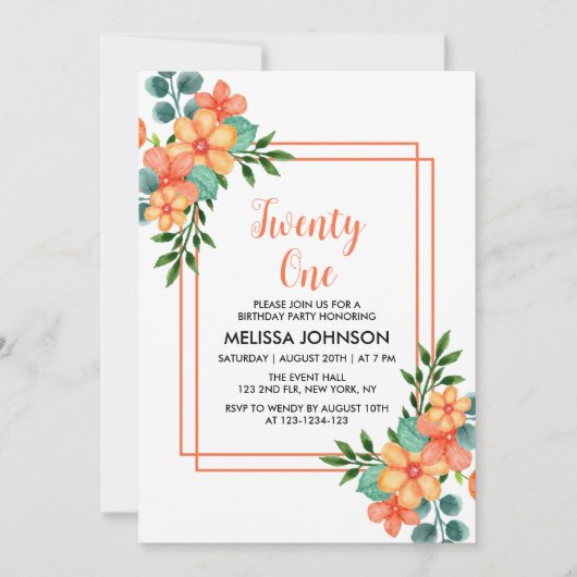 シックなオレンジ春フラワーグリーナリー21歳の誕生日 招待状 (正面)