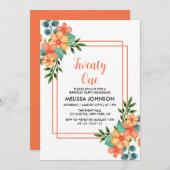 シックなオレンジ春フラワーグリーナリー21歳の誕生日 招待状 (正面/裏面)