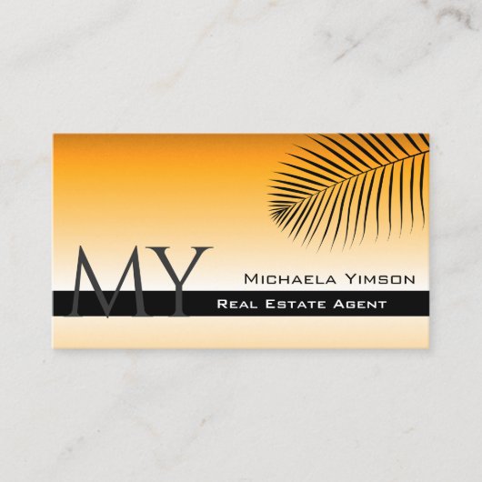シックなオレンジ色のグラデーションパームリーフモノグラムと写真 名刺 (正面)