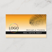 シックなオレンジ色のグラデーションパームリーフロゴと写真 名刺 (正面)