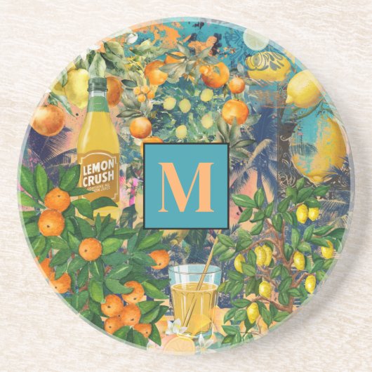 シックなオレンジ色のターコイズシチリアの柑橘系コラージュ コースター (正面)