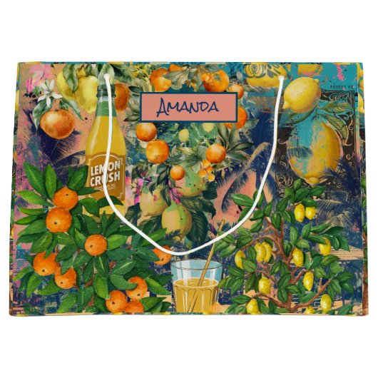 シックなオレンジ色のターコイズシチリアの柑橘系コラージュ ラージペーパーバッグ (正面)