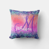 シックなオレンジ色の虹色フェイクグリッターモノグラム クッション (正面)
