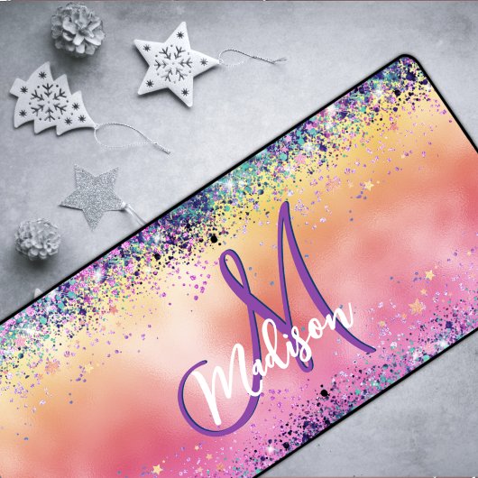 シックなオレンジ色の虹色フェイクグリッターモノグラム デスクマット