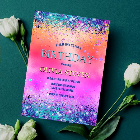 シックなオレンジ色の虹色フェイクグリッターモノグラム 招待状