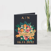 シックなオレンジ色の黄色の花模様結婚式日付を保存 案内状 (正面)