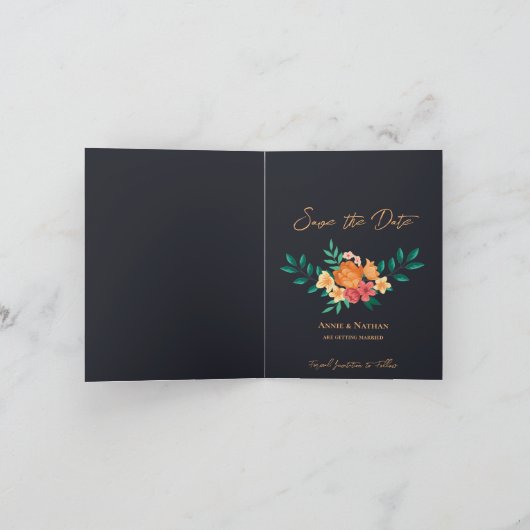 シックなオレンジ色の黄色の花模様結婚式日付を保存 案内状 (内部)