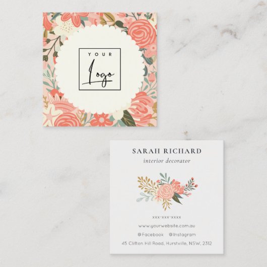 シックなオレンジ赤面ピンクグリーンアンブロシアフローラロゴ スクエア名刺 (正面/裏面)