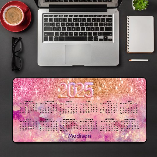 シックなオンブルローズゴールド2025モノグラムカレンダー デスクマット