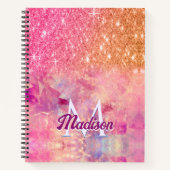 シックなオンブレ ローズ ブラッシュ ピンク グリッター モノグラム ノートブック (正面)
