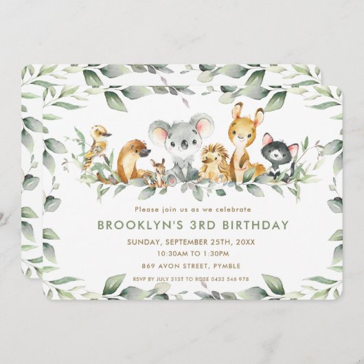 シックなオーストラリアの動物の緑の誕生日ボーイガール 招待状 (正面/裏面)