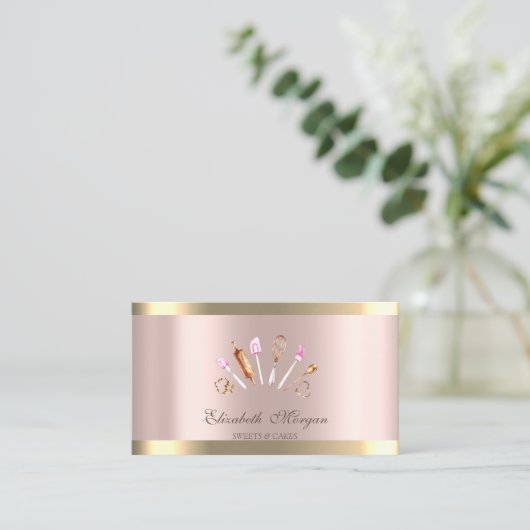 シックなカップケーキストライプ金ゴールドバラ金ゴールドベーカリーツール 名刺 (スタンド正面)