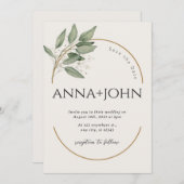 シックなカップルの緑と金ゴールド結婚式招待状 招待状 (正面/裏面)