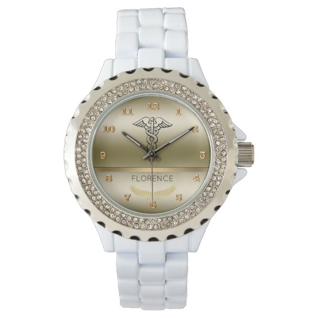 シックなカドゥセウス記号 | RNナース看護金ゴールドGlam 腕時計 (正面)