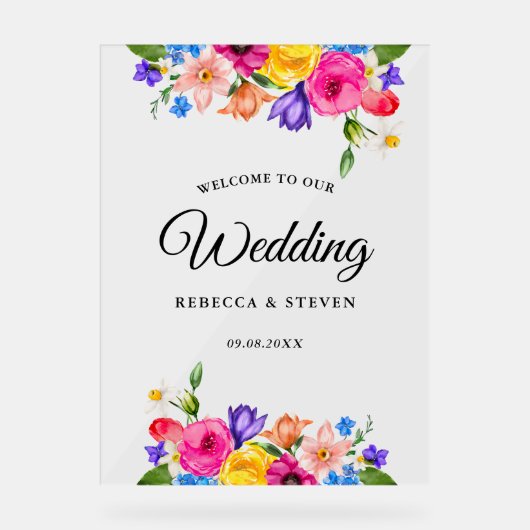 シックなカラフルの明るい結婚ワイルドフラワーの歓迎 アクリルサイン (正面)