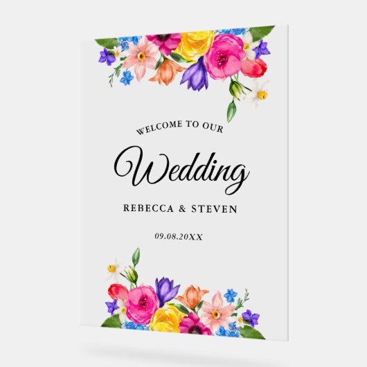 シックなカラフルの明るい結婚ワイルドフラワーの歓迎 アクリルサイン (傾斜)