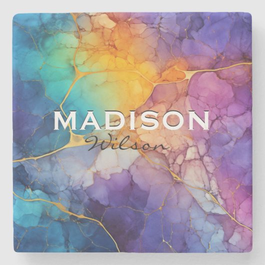 シックなカラフルフェイク金ゴールドグリッターマーリングモノグラム ストーンコースター (正面)