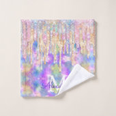 シックなカラフルユニコーン滴下グリッターモノグラム バスタオルセット (ウォッシュタオル)