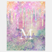 シックなカラフルユニコーン滴下グリッターモノグラム フリースブランケット (正面)