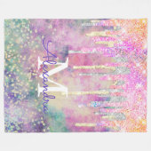 シックなカラフルユニコーン滴下グリッターモノグラム フリースブランケット (正面(横))