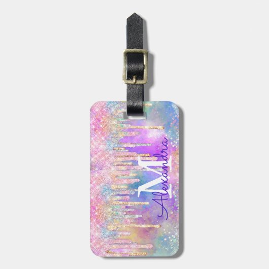 シックなカラフルユニコーン滴下グリッターモノグラム ラゲッジタグ (正面縦)