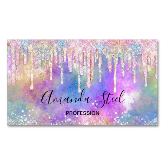 シックなカラフルユニコーン滴下グリッター マグネット名刺 (正面)