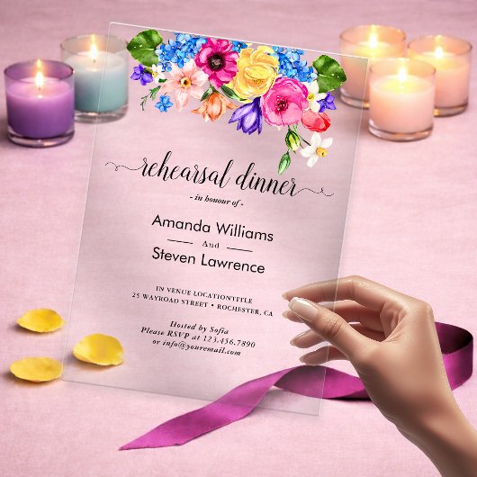 シックなカラフル結婚の野花のリハーサルディナー アクリル招待状