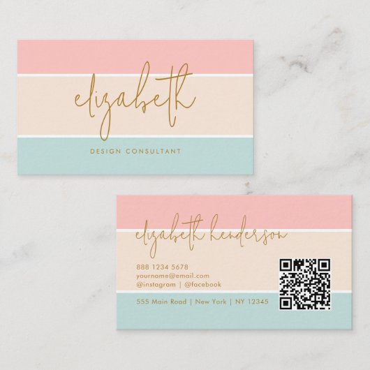シックなカラーブロックパステルピンクイエローブルーストライプ 名刺 (正面/裏面)