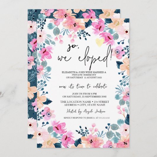 シックなガーデンピンクの花のエロペメント 招待状 (正面/裏面)