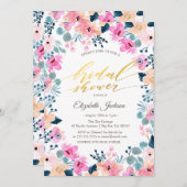 シックなガーデンピンクフラワーズブライダルシャワー 招待状 (正面/裏面)